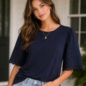 Banana Republic Navy Eyelet Sleeve Blouse Size Medium